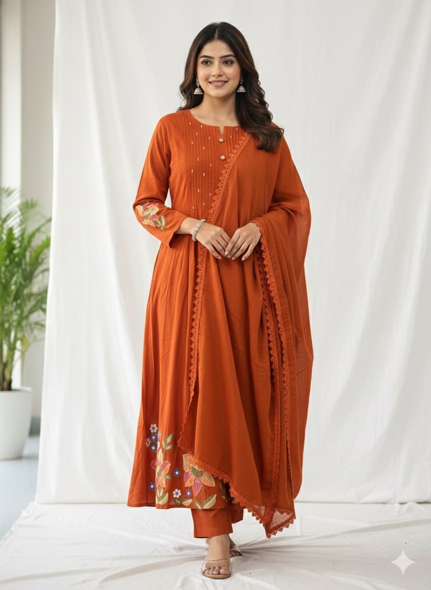 Pintex Embroidered Cotton Kurta Set